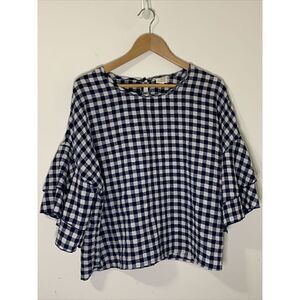 Caution To The Wind Navy White  Gingham Check 3/4 Slv Top Sz M Bell Sleeve Boho